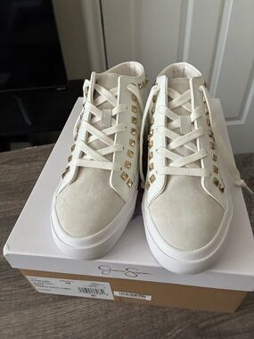 Jessica Simpson Cream Lace-Up Sneakers with Gold Studs